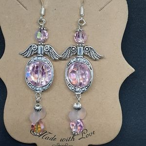 Pink vintage bow tie angel earings